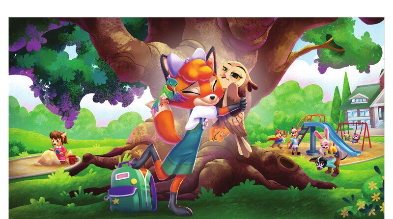 Francis the fox hugging Odessa the owl